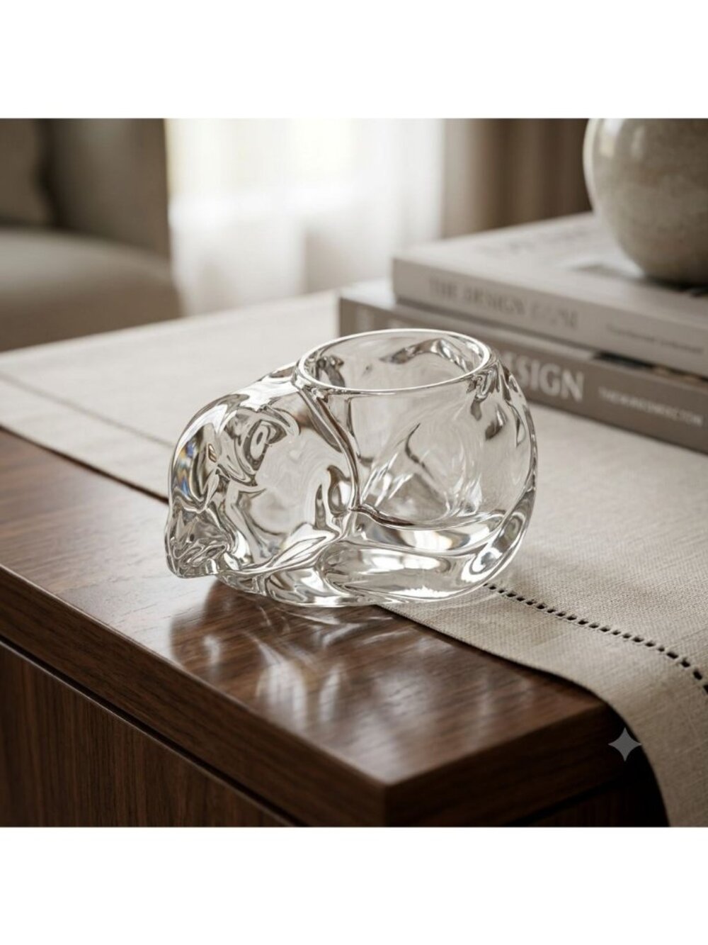 Vintage Indiana Glass Sleepy Kitten Clear Crystal Candle Holder Paperweight